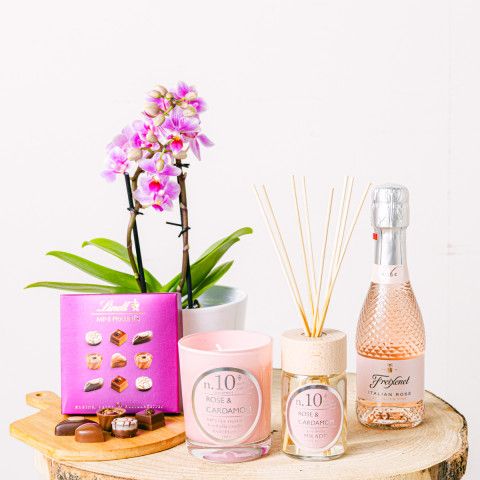 Product photo for Délice rose : bougie, mikado et orchidée