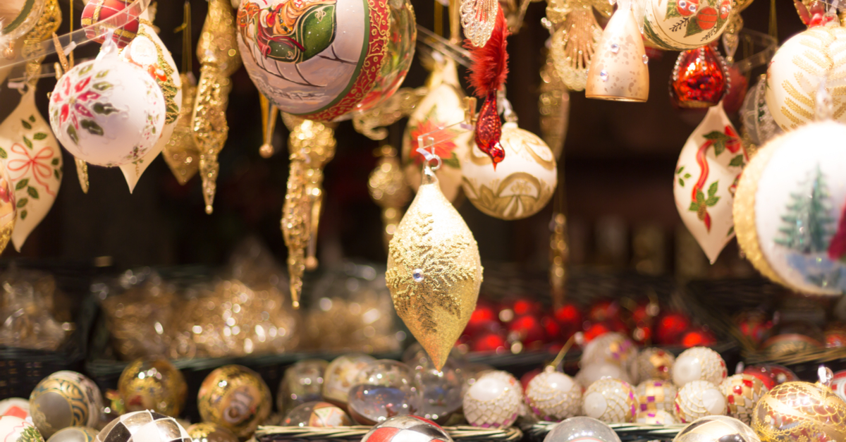 Christmas decorations on market stall