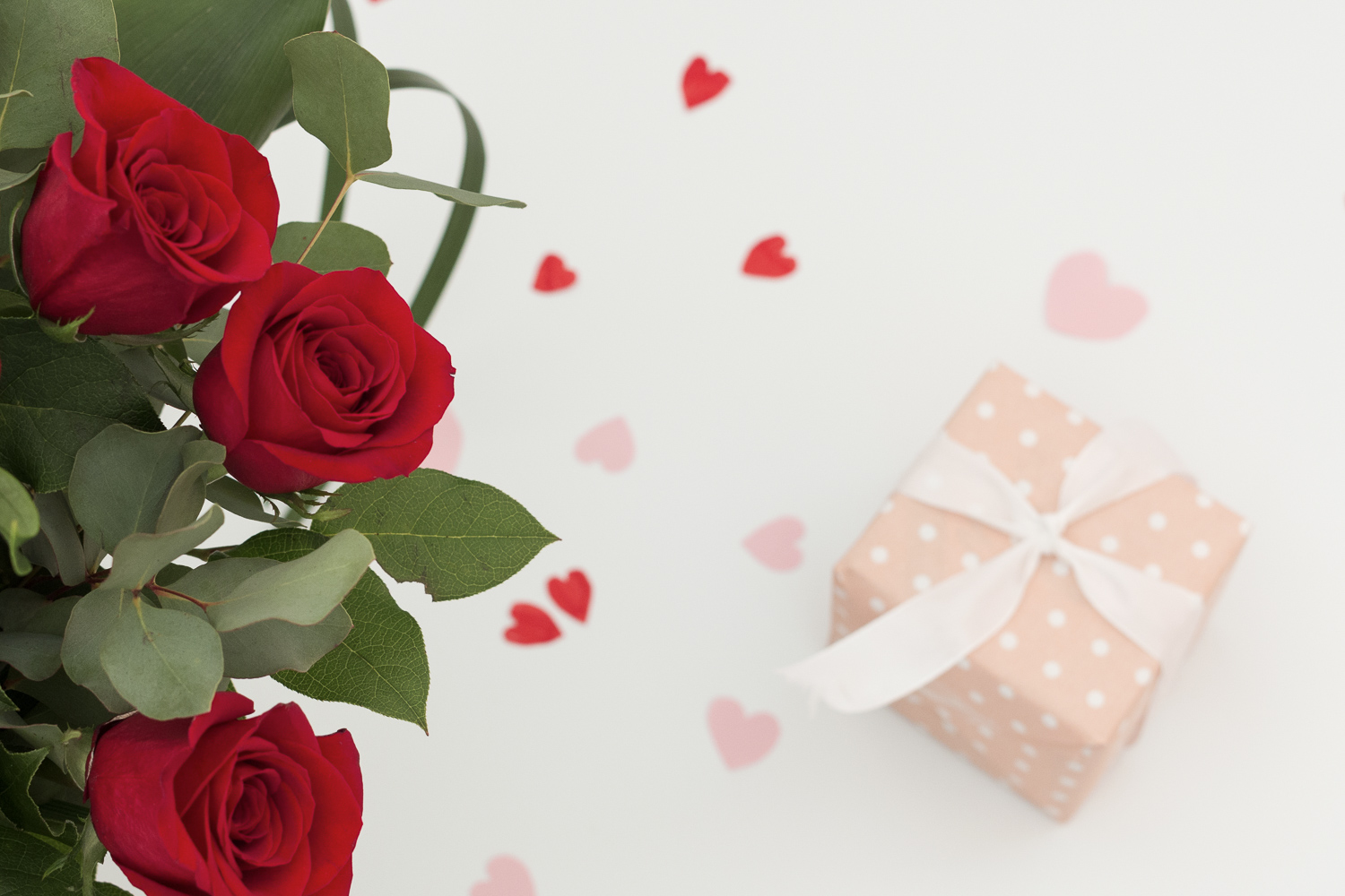 Red roses and gift for Valentine's Day