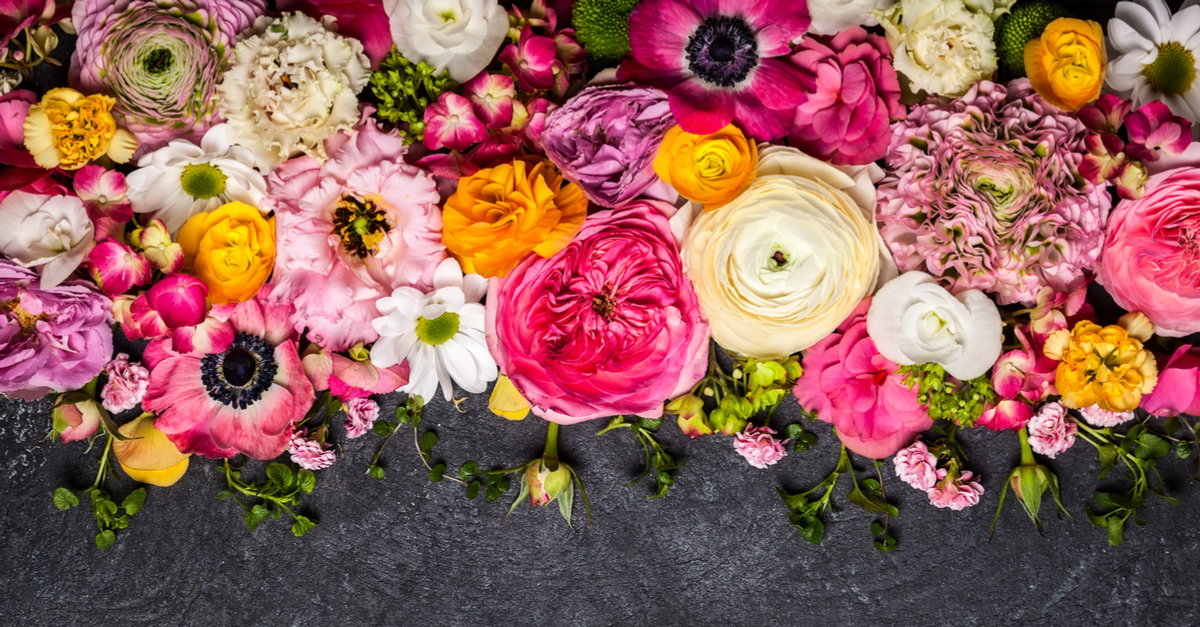 Selection of mixed flowers on a black background