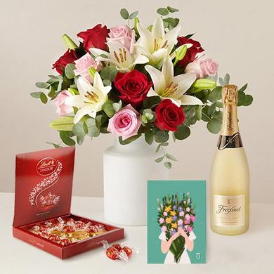 Best Wishes: Roses and Lilies, Cava, Chocolates and Card