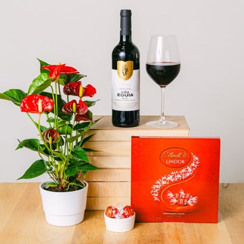 Rote Herzen: Anthurium und Rotwein