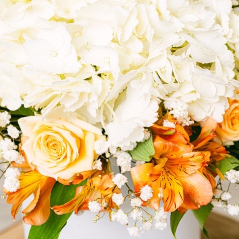 Evocative View: White Hydrangeas and Alstroemerias highlight