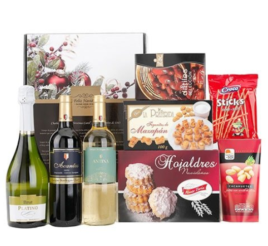 Gift basket of wine, biscuits and snacks