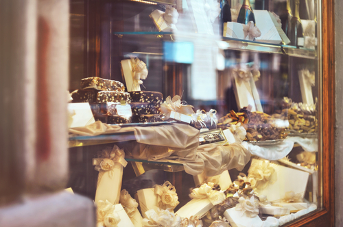 Shop window full of sweets and chocolate in Italy