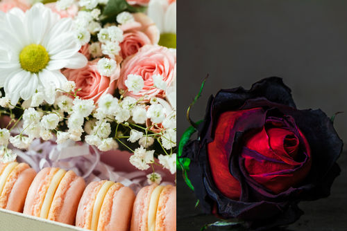 Light pastel flowers and dark red roses