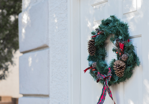 Christmas wreath hanging on the door