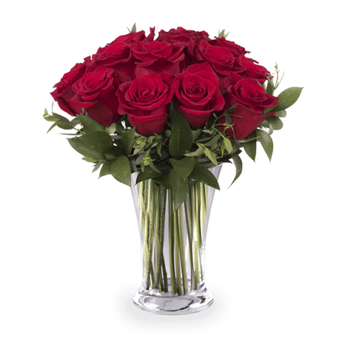 12 red roses in a glass vase