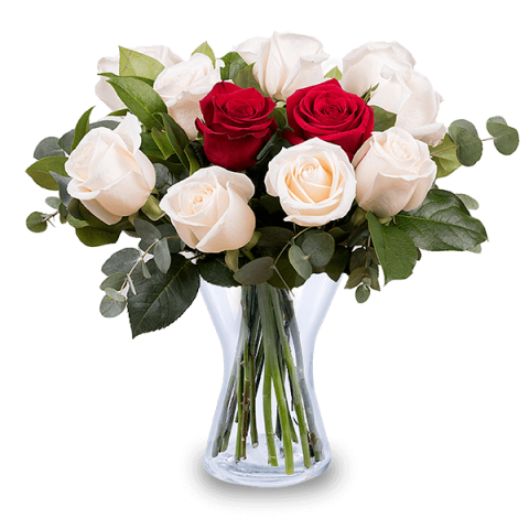 Red and white roses in a glass vase