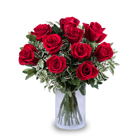 The power of love: 10 red roses, card, chocolates and vase