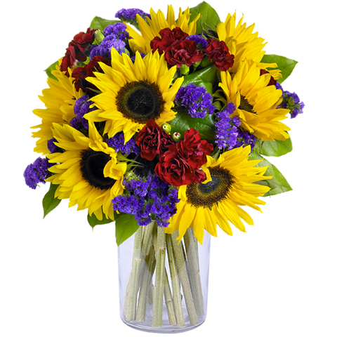 Bouquet of sunflowers and carnations with limonium