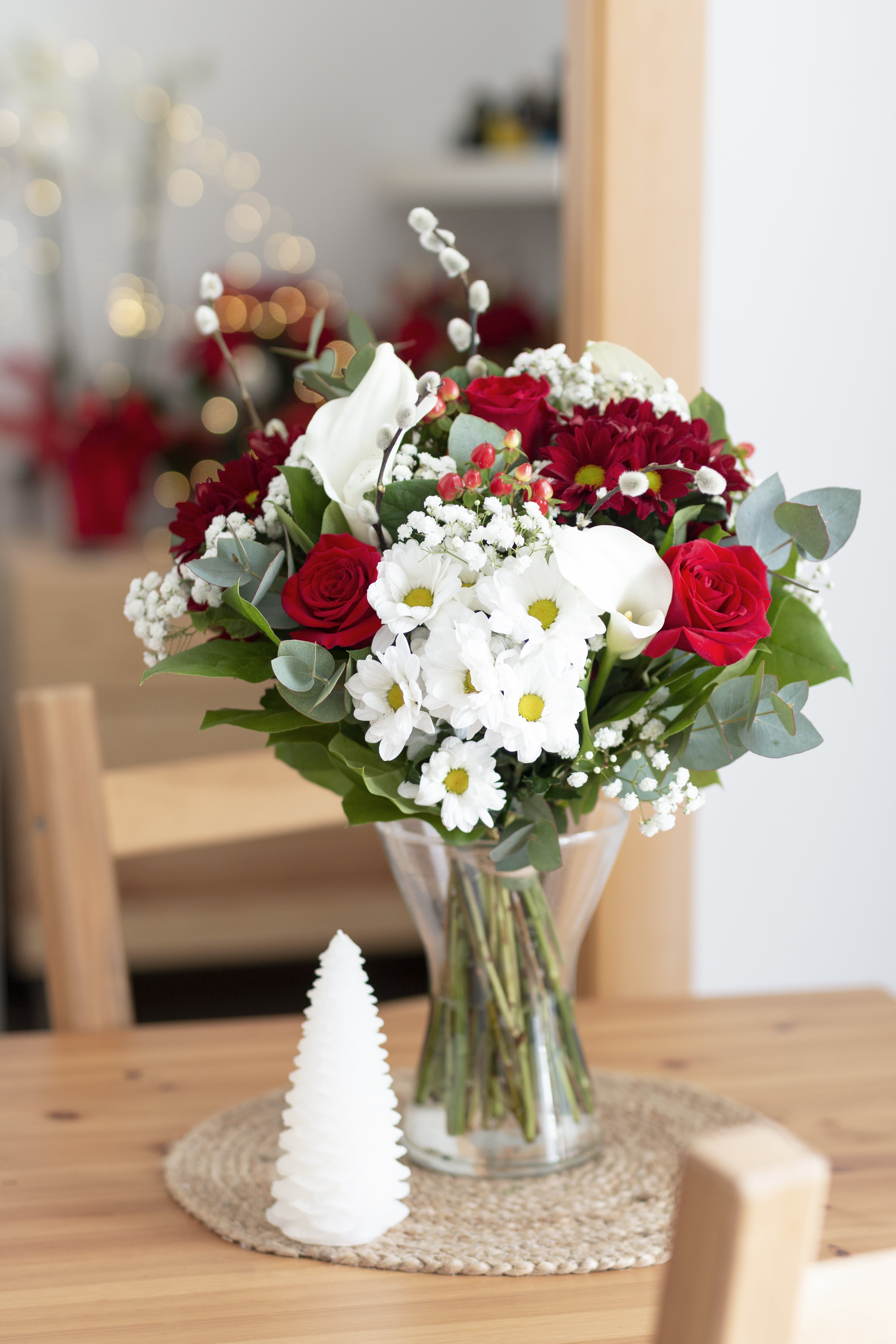 FloraQueen red rose white calla and chrysanthemum bouquet