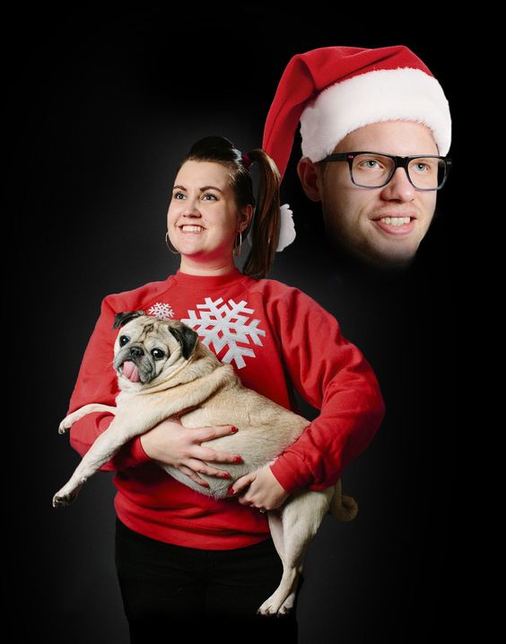 pug being hugged, awkward Christmas card