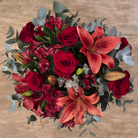 FloraQueen velvet bouquet of red roses lilies and alstroemerias