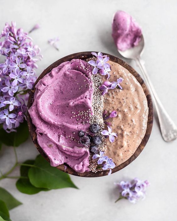 Caramel Chia Pudding with Blueberry Lilac Nice Cream Bowl