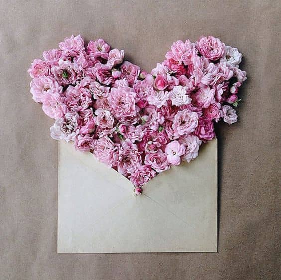 fleurs roses en forme de coeur dans une enveloppe
