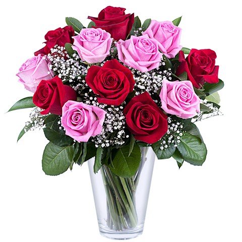 bouquet de roses rouges et roses avec de la gysophile