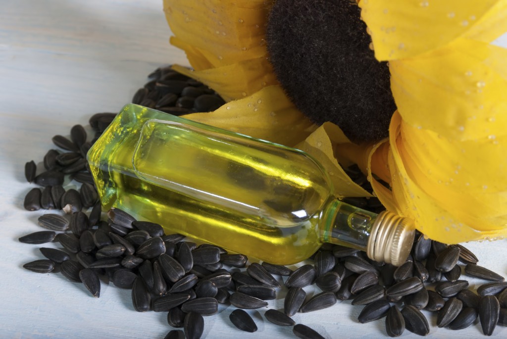 bottle of oil and sunflower seeds on wooden background